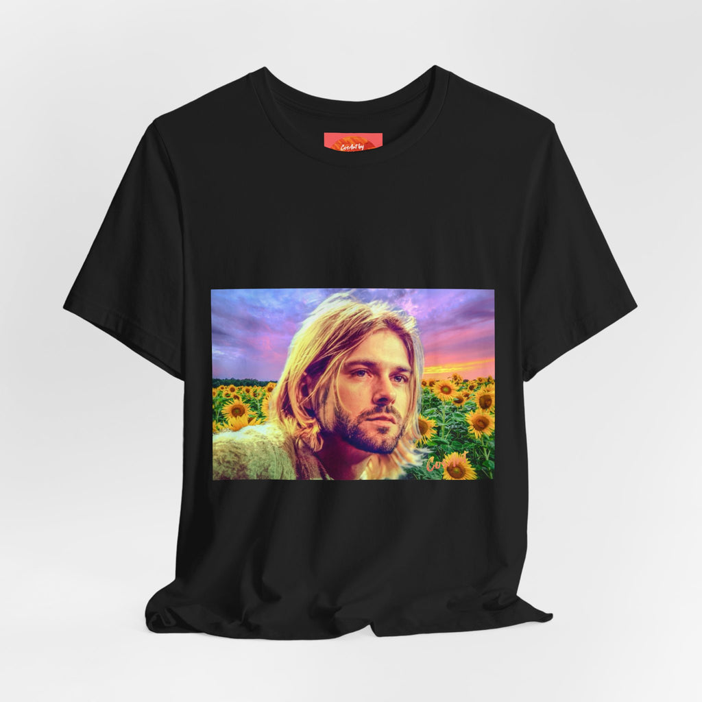 Cobain Retro Sunset Portrait Tee — Sunflower Field Graphic T-Shirt