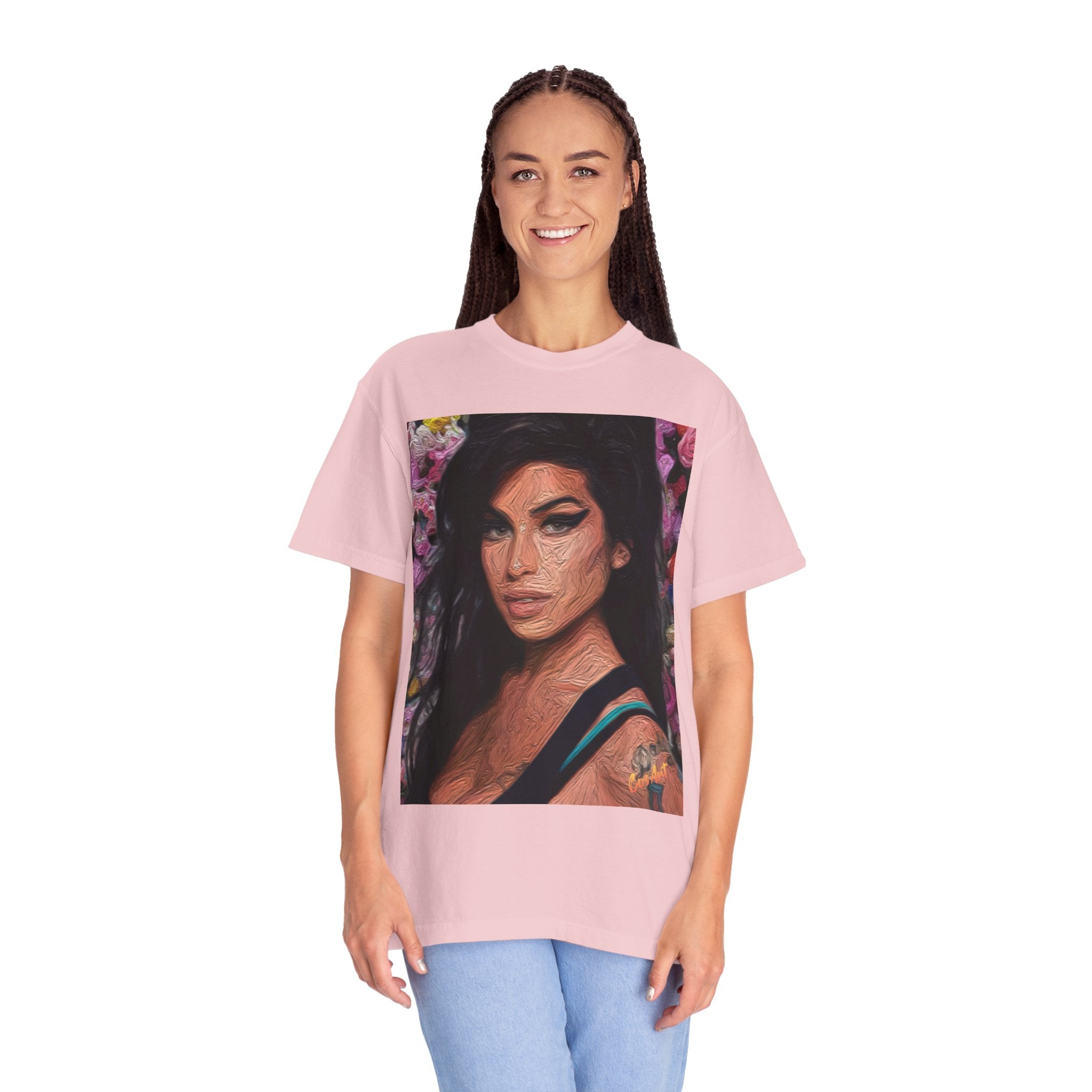 Amy Jade-Winehouse Portrait Graphic T‑Shirt — Floral Portrait Print with Circular Back Logo