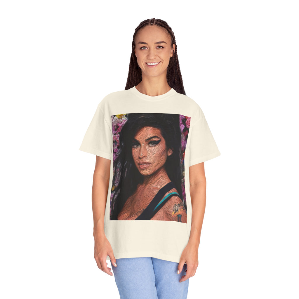 Amy Jade-Winehouse Portrait Graphic T‑Shirt — Floral Portrait Print with Circular Back Logo