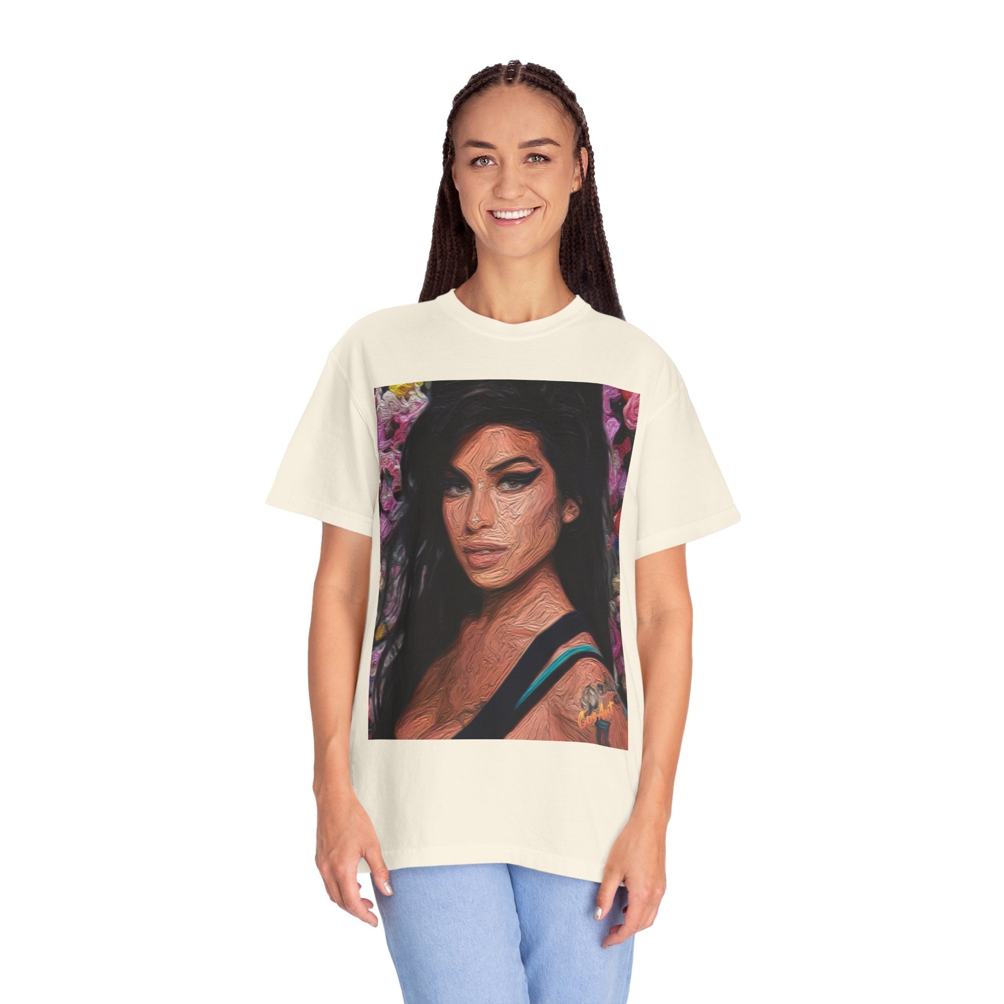 Amy Jade-Winehouse Portrait Graphic T‑Shirt — Floral Portrait Print with Circular Back Logo