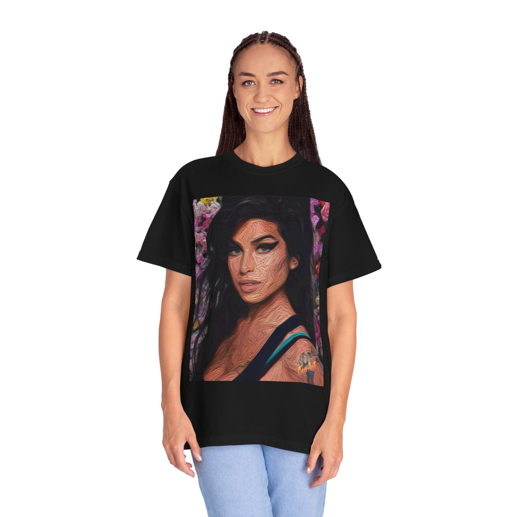 Amy Jade-Winehouse Portrait Graphic T‑Shirt — Floral Portrait Print with Circular Back Logo