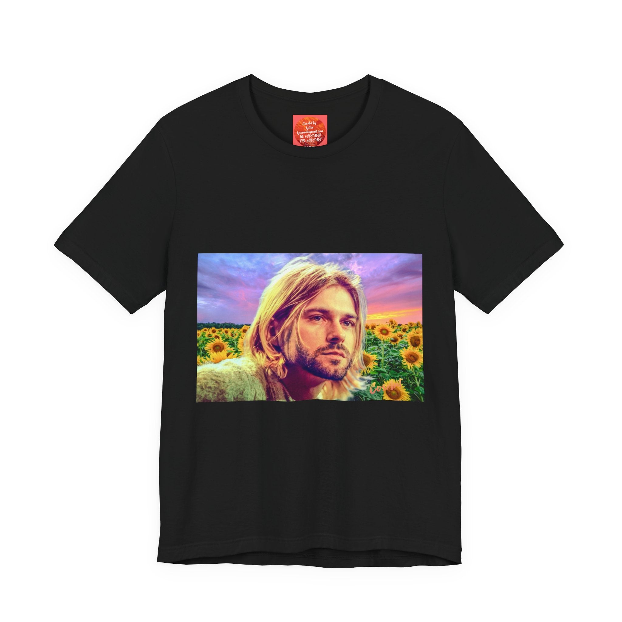Cobain Retro Sunset Portrait Tee — Sunflower Field Graphic T-Shirt
