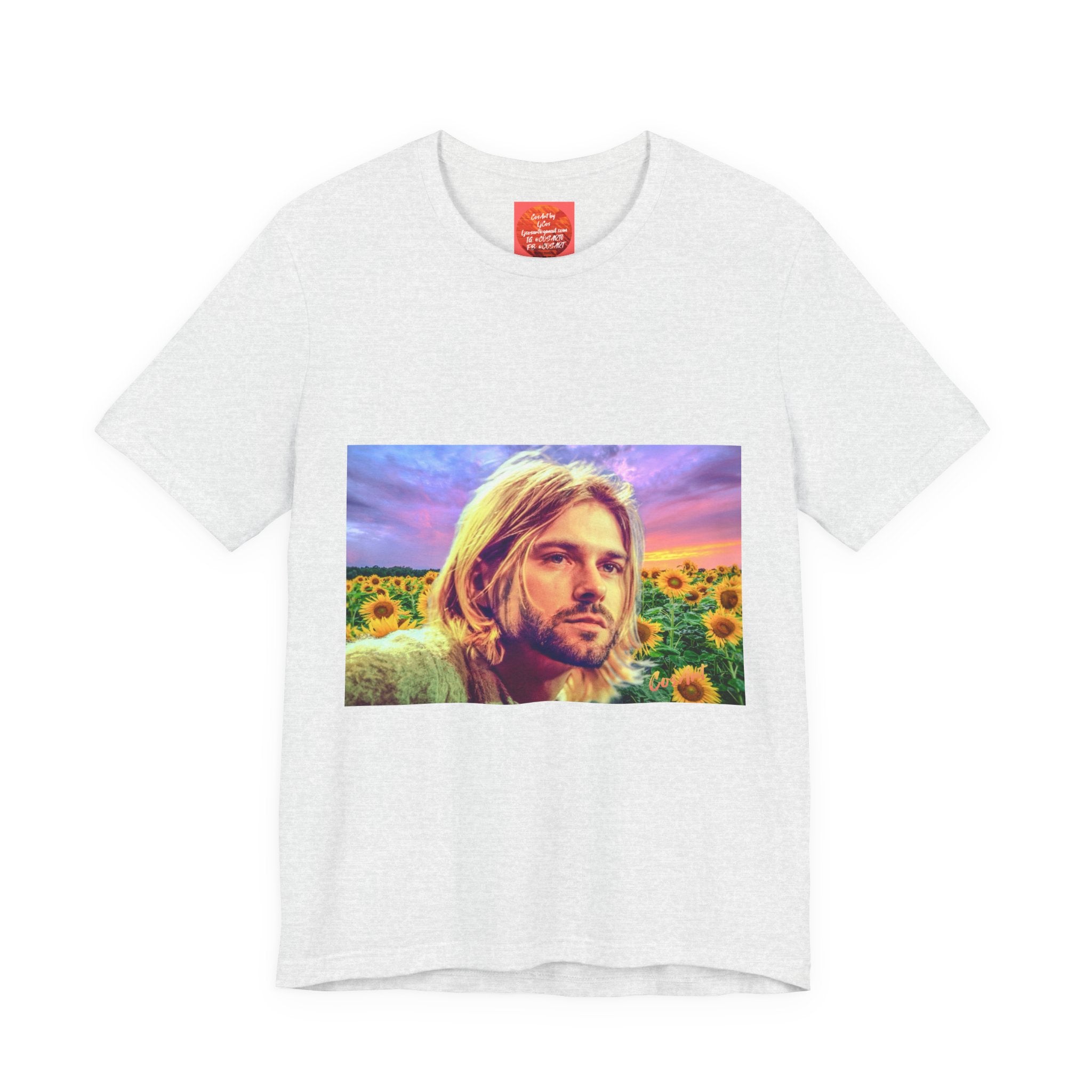 Cobain Retro Sunset Portrait Tee — Sunflower Field Graphic T-Shirt