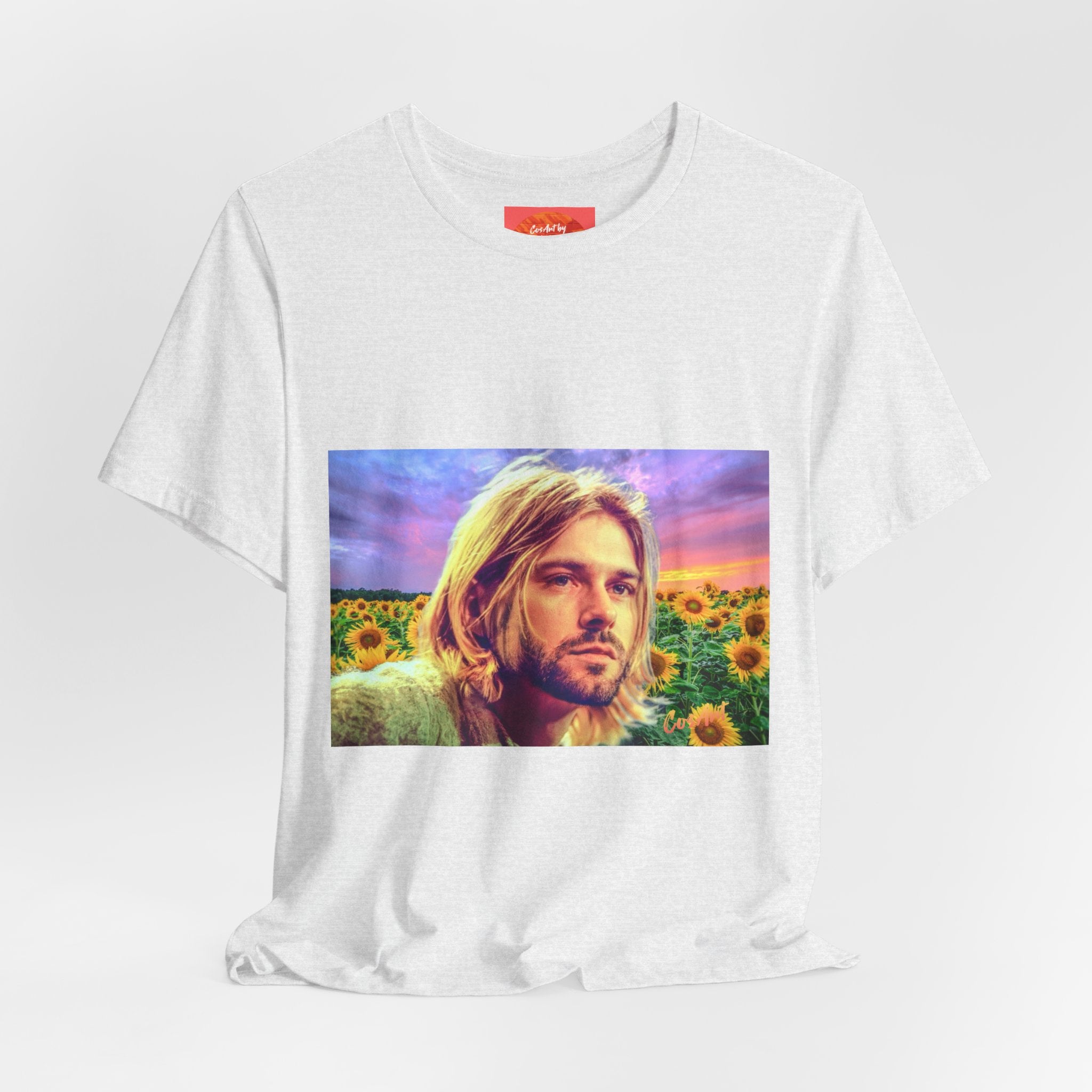Cobain Retro Sunset Portrait Tee — Sunflower Field Graphic T-Shirt