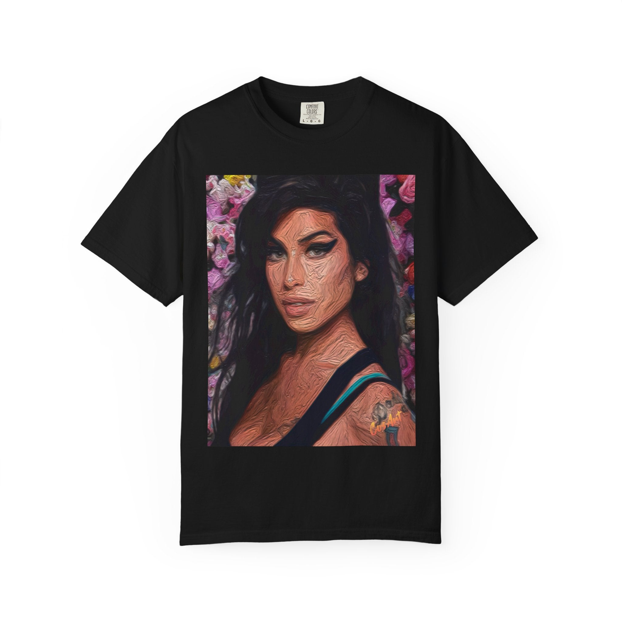 Amy Jade-Winehouse Portrait Graphic T‑Shirt — Floral Portrait Print with Circular Back Logo