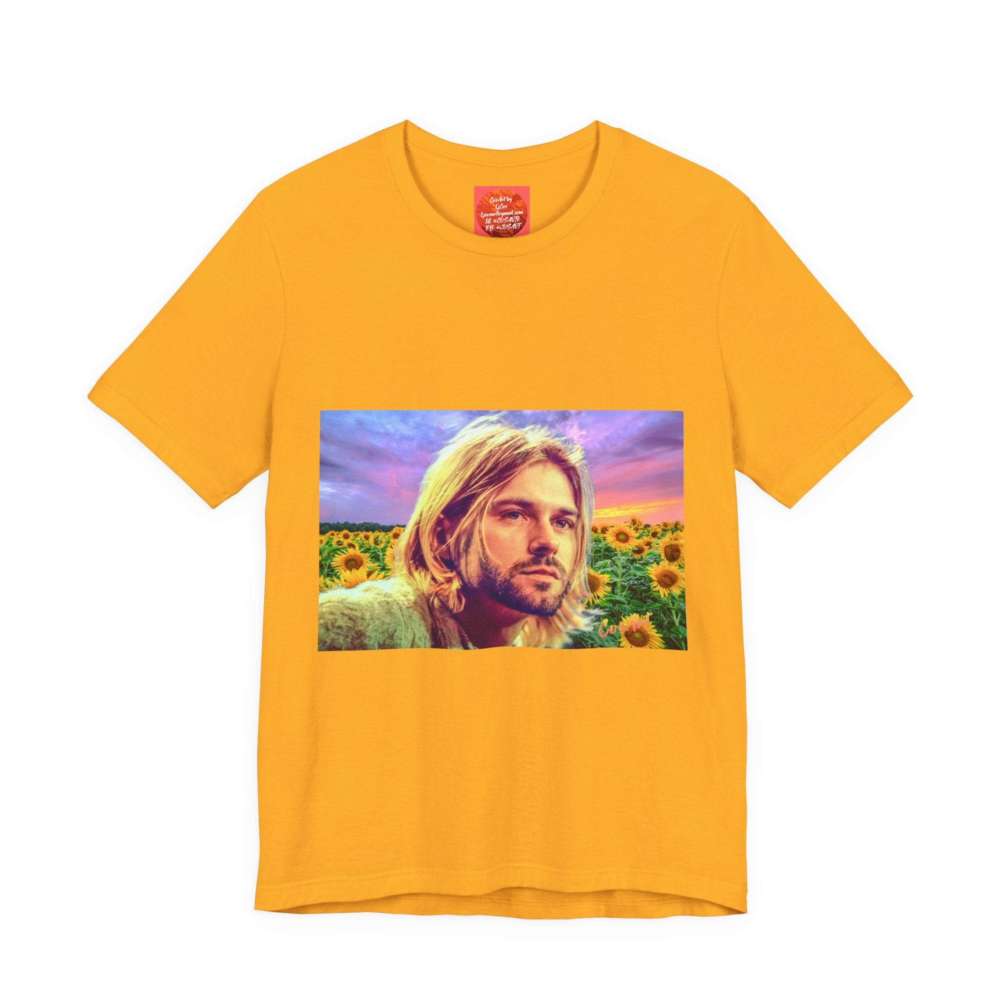 Cobain Retro Sunset Portrait Tee — Sunflower Field Graphic T-Shirt