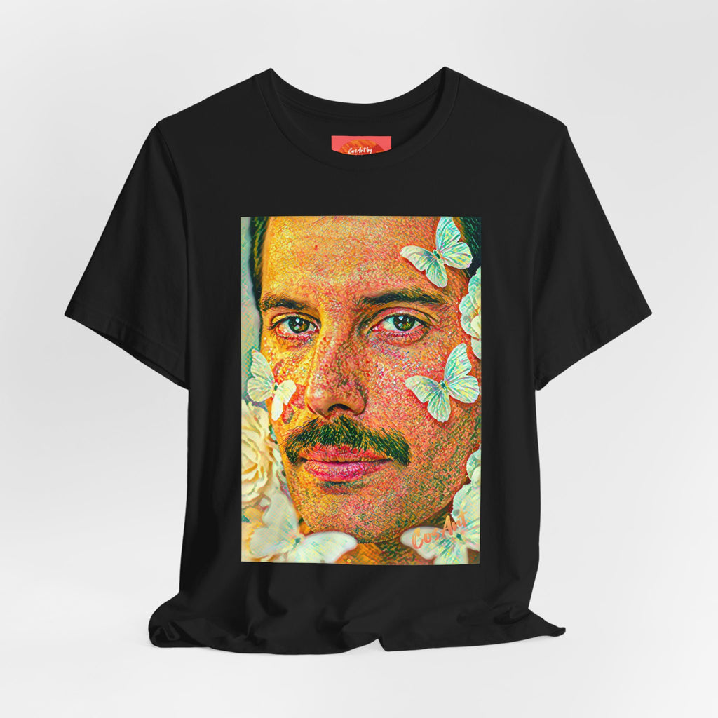 Freddie Portrait Tee with Butterflies – Retro Pop Art Rock T-Shirt