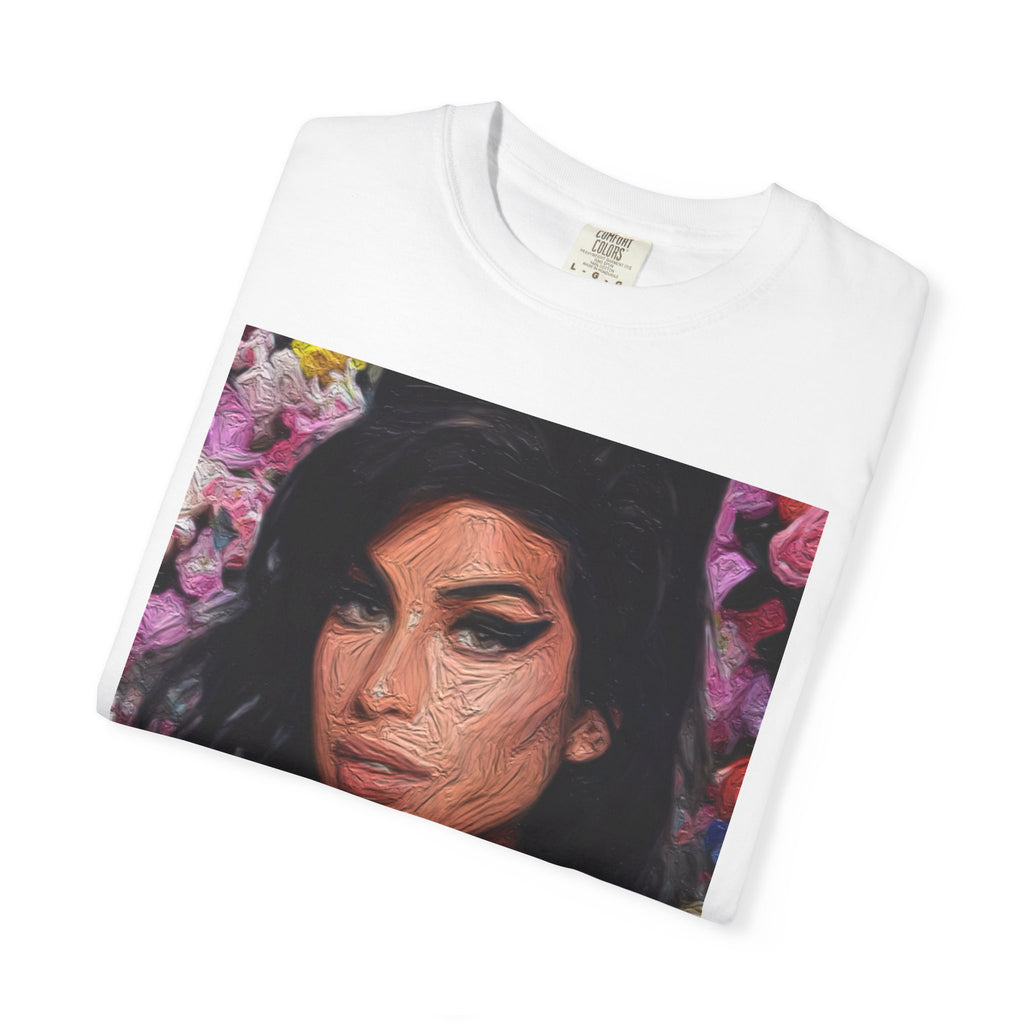Amy Jade-Winehouse Portrait Graphic T‑Shirt — Floral Portrait Print with Circular Back Logo