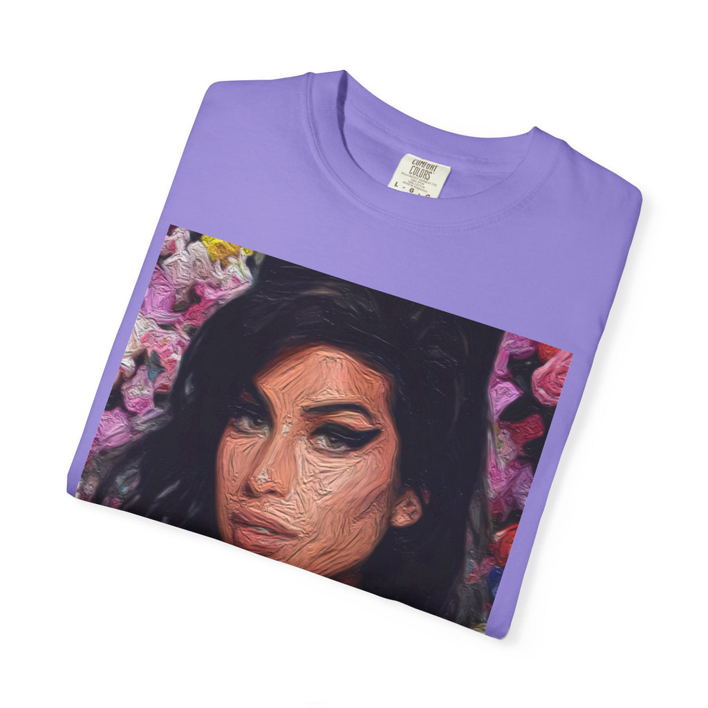 Amy Jade-Winehouse Portrait Graphic T‑Shirt — Floral Portrait Print with Circular Back Logo