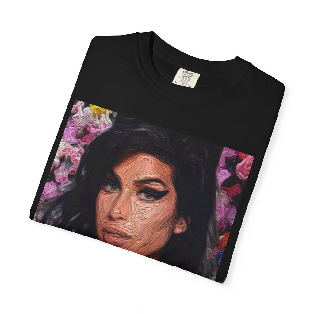 Amy Jade-Winehouse Portrait Graphic T‑Shirt — Floral Portrait Print with Circular Back Logo