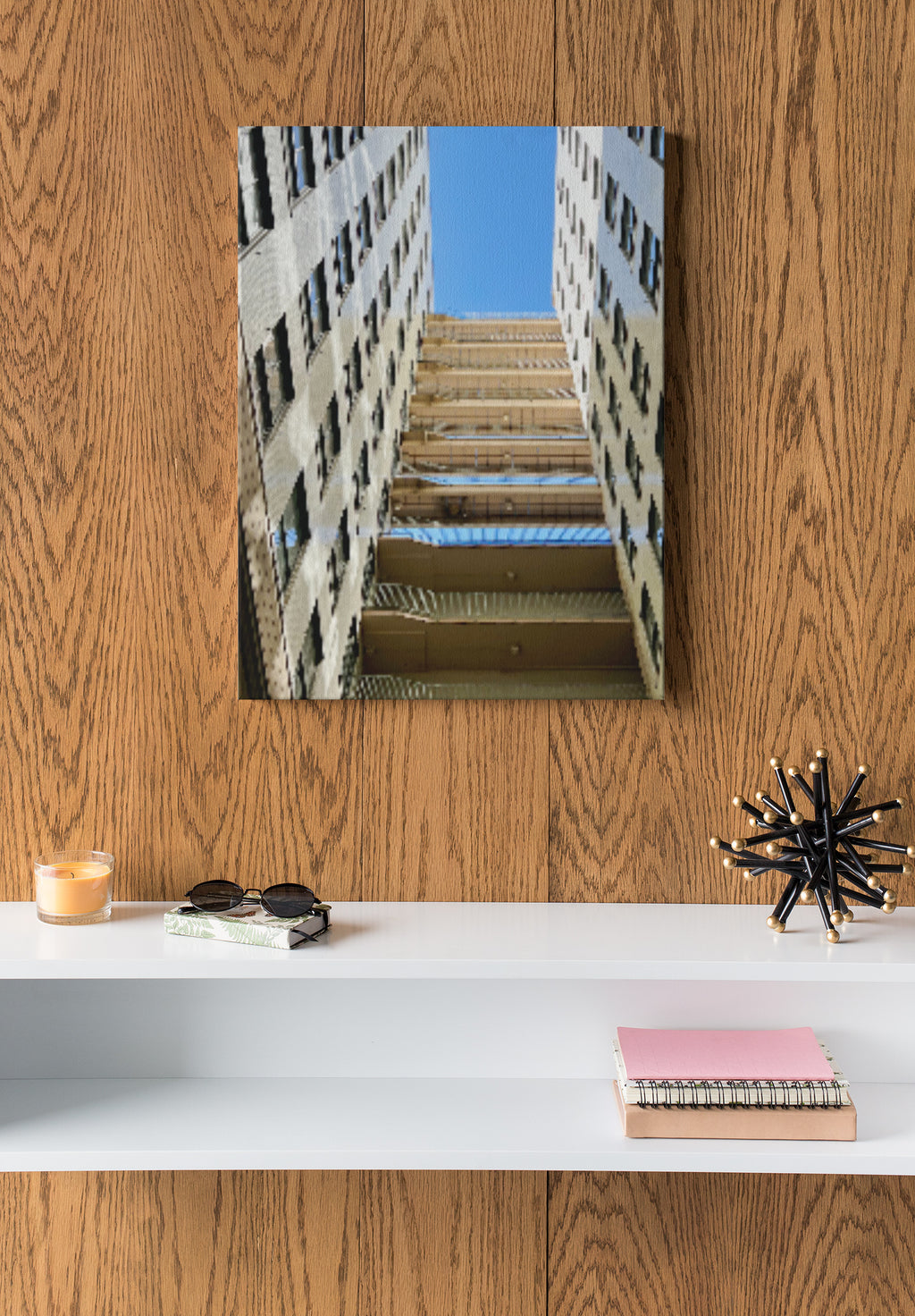Denver Sky Acrylic Print — Upward Stairwell Cityscape (French Cleat Hanging)