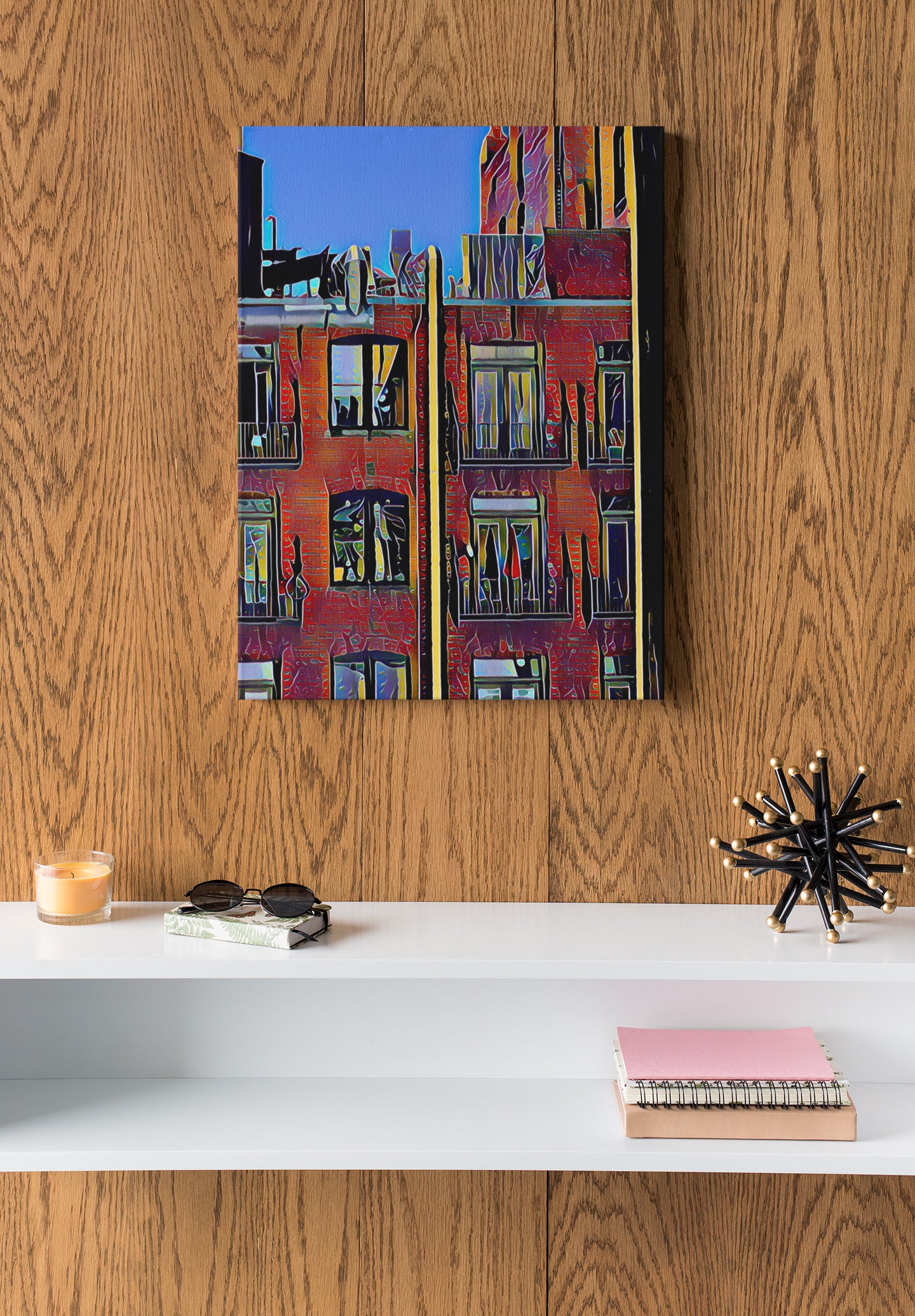 Acrylic Print — Colorful Urban Balcony Scene (French Cleat Hanging)