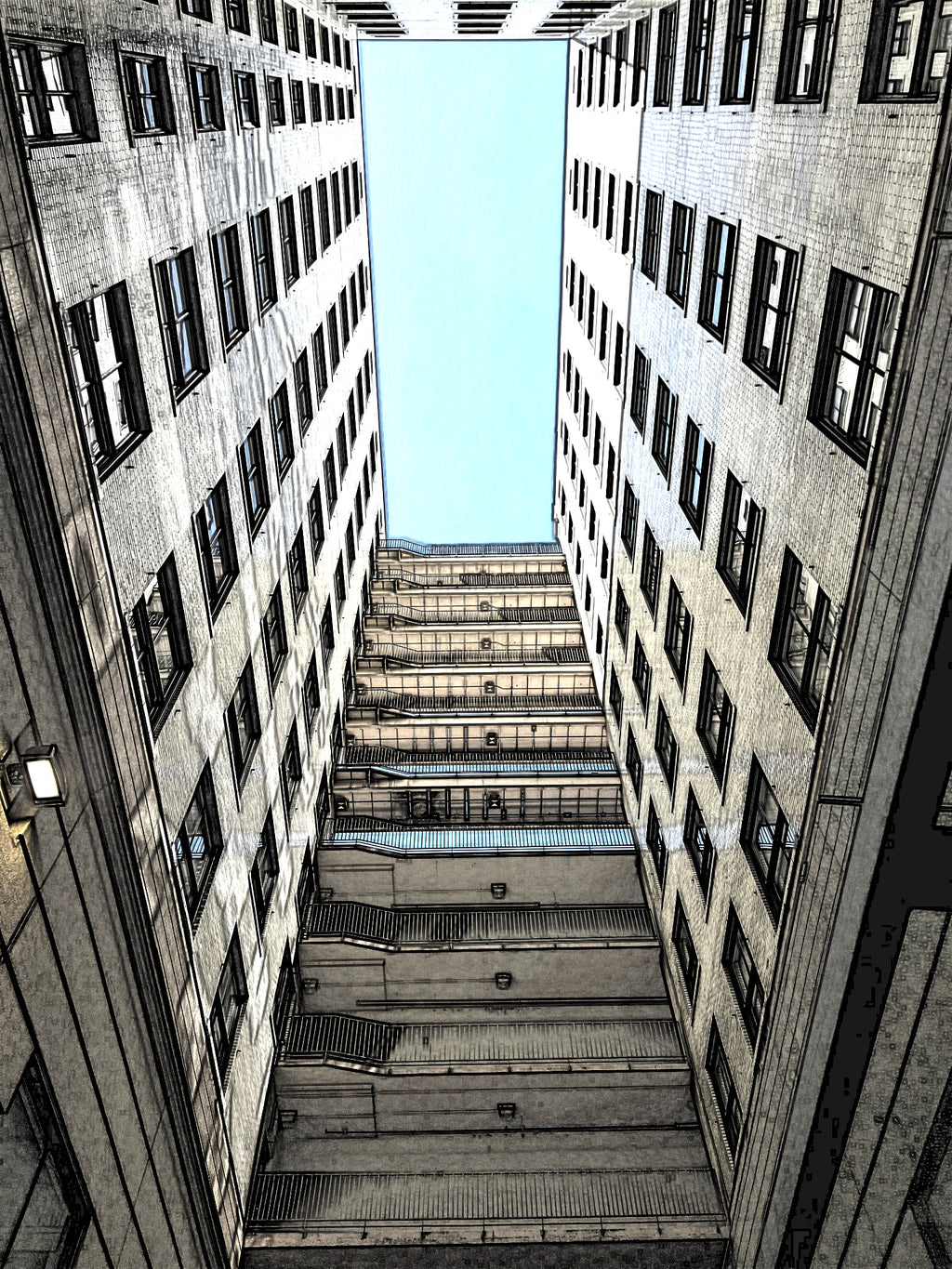 Denver Sky Acrylic Print — Upward Stairwell Cityscape (French Cleat Hanging)
