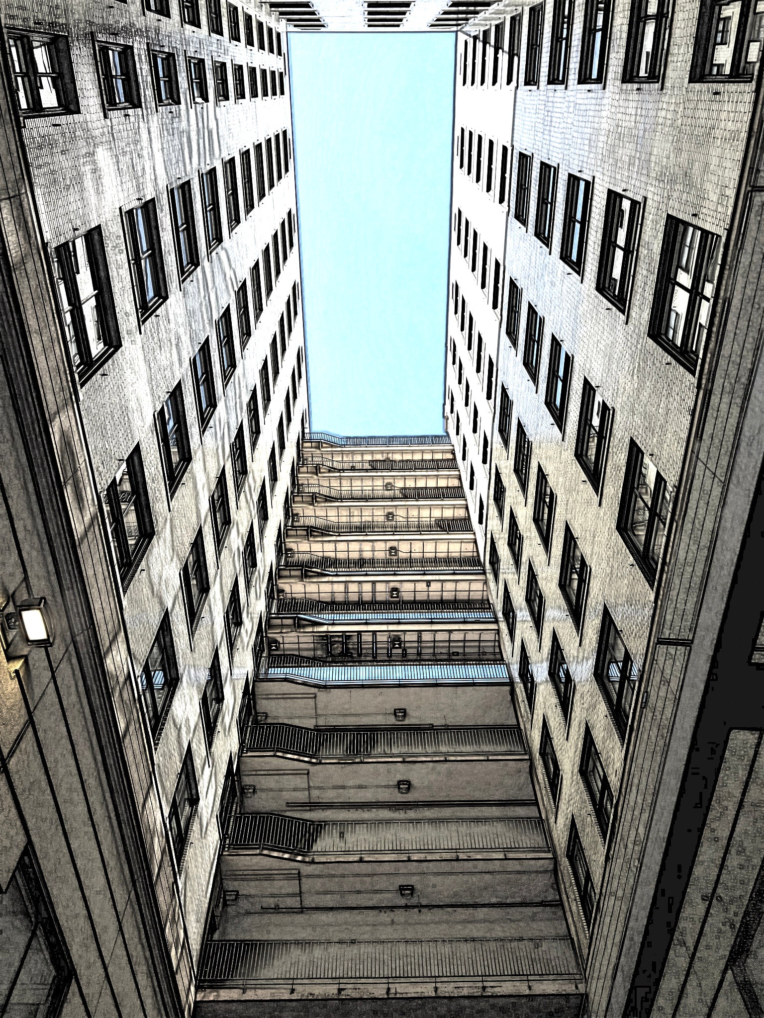 Denver Sky Acrylic Print — Upward Stairwell Cityscape (French Cleat Hanging)