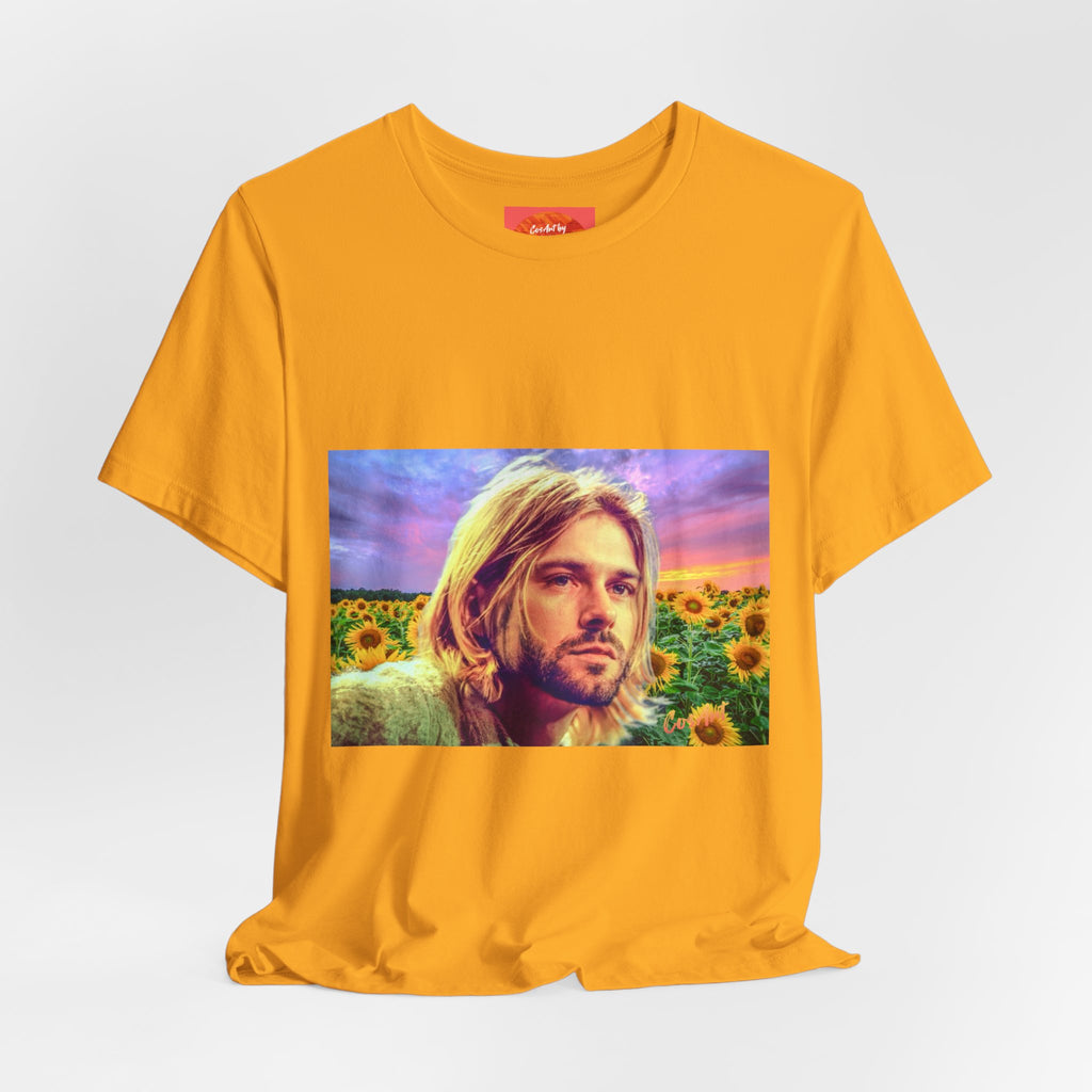 Cobain Retro Sunset Portrait Tee — Sunflower Field Graphic T-Shirt