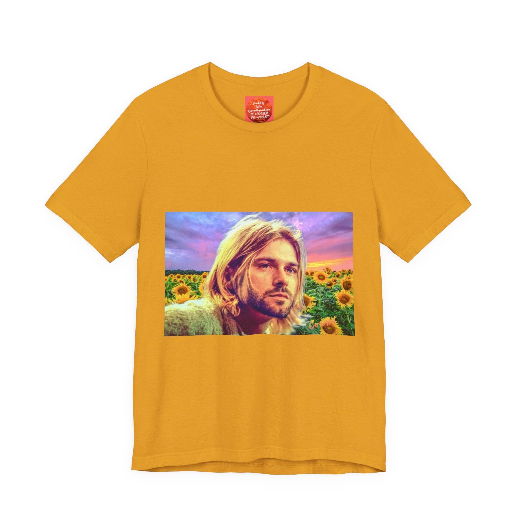 Cobain Retro Sunset Portrait Tee — Sunflower Field Graphic T-Shirt