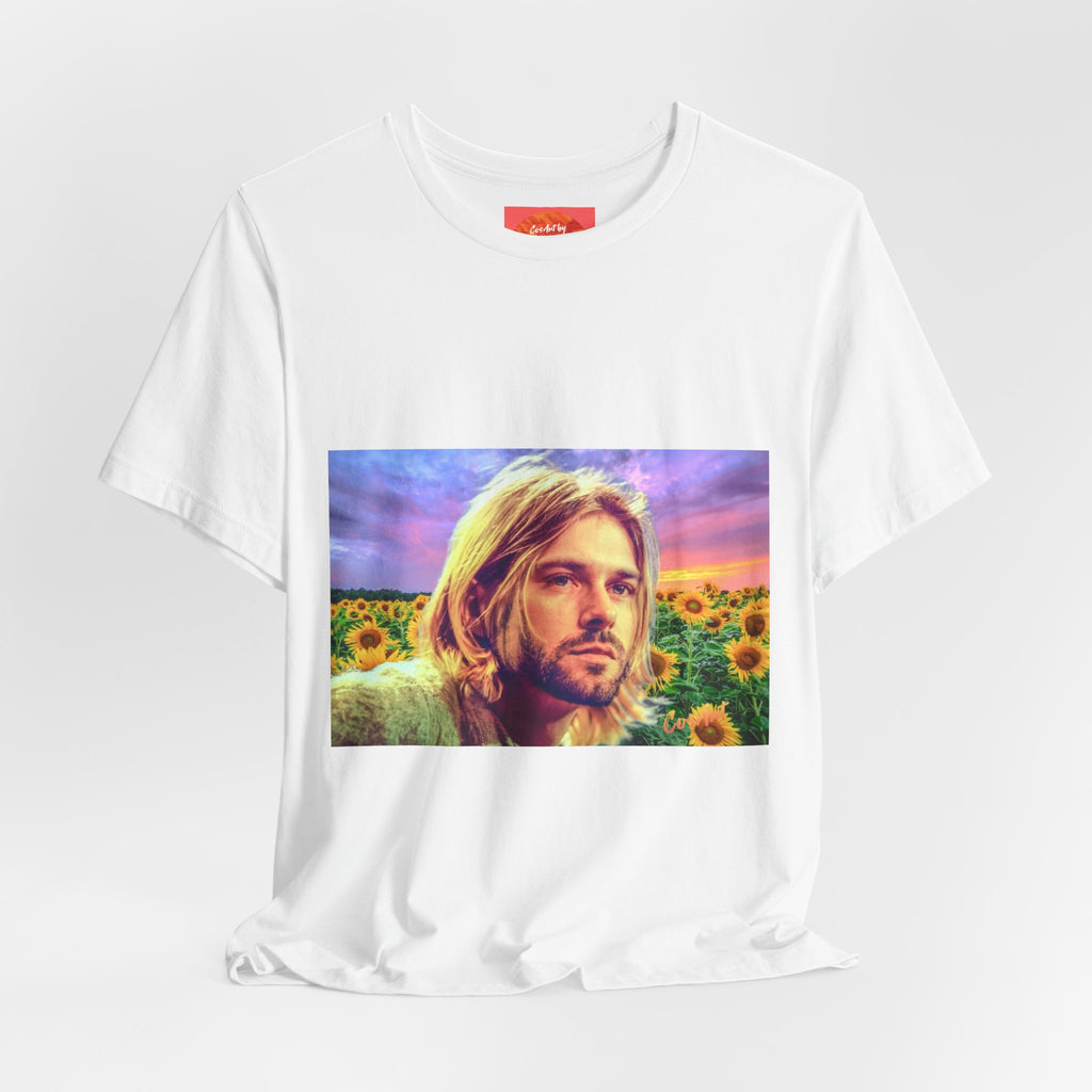 Cobain Retro Sunset Portrait Tee — Sunflower Field Graphic T-Shirt