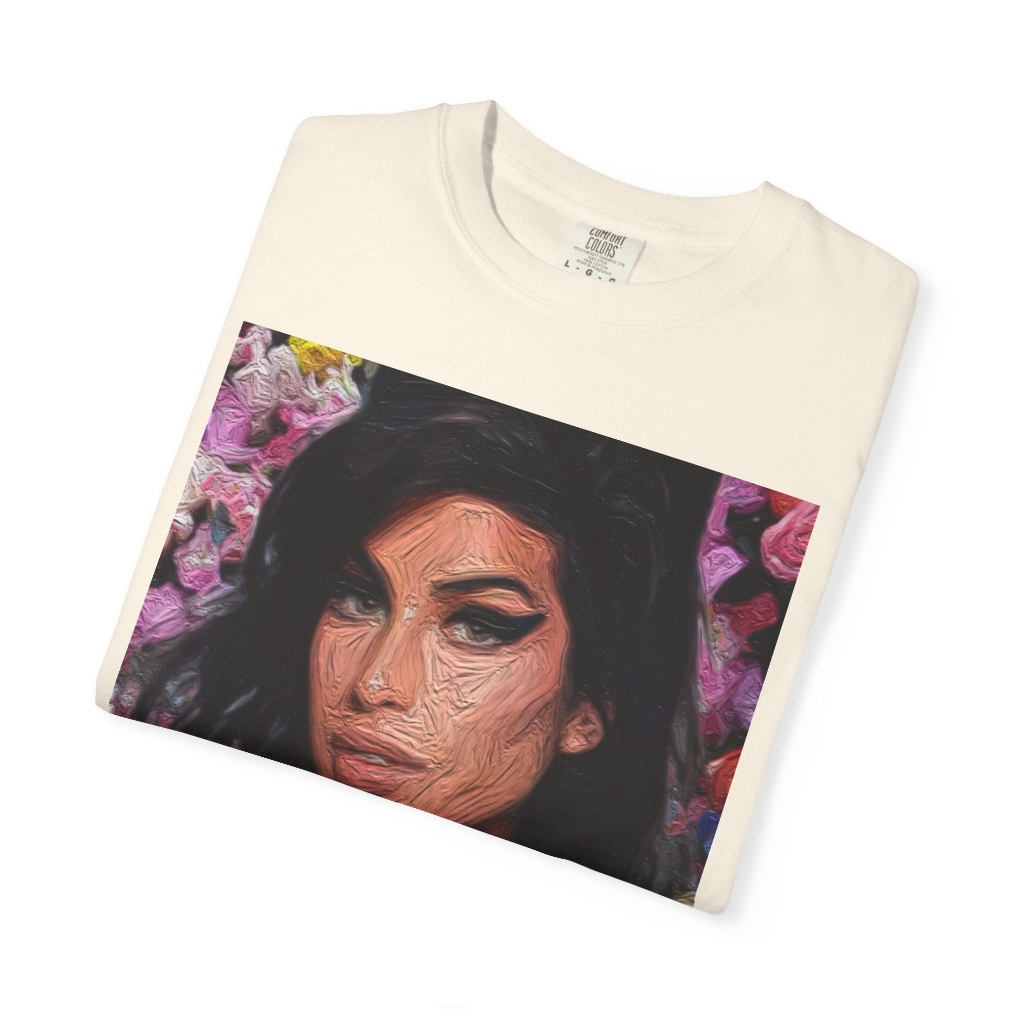 Amy Jade-Winehouse Portrait Graphic T‑Shirt — Floral Portrait Print with Circular Back Logo