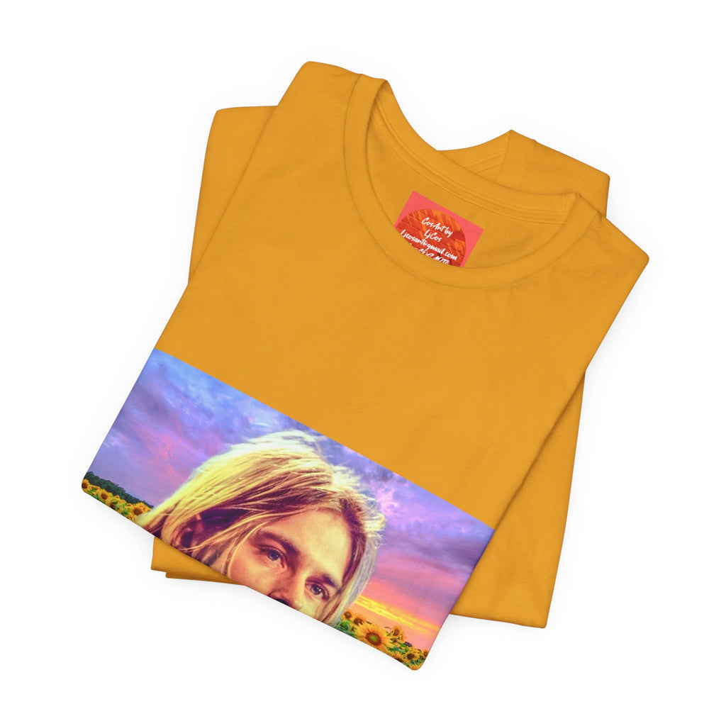 Cobain Retro Sunset Portrait Tee — Sunflower Field Graphic T-Shirt