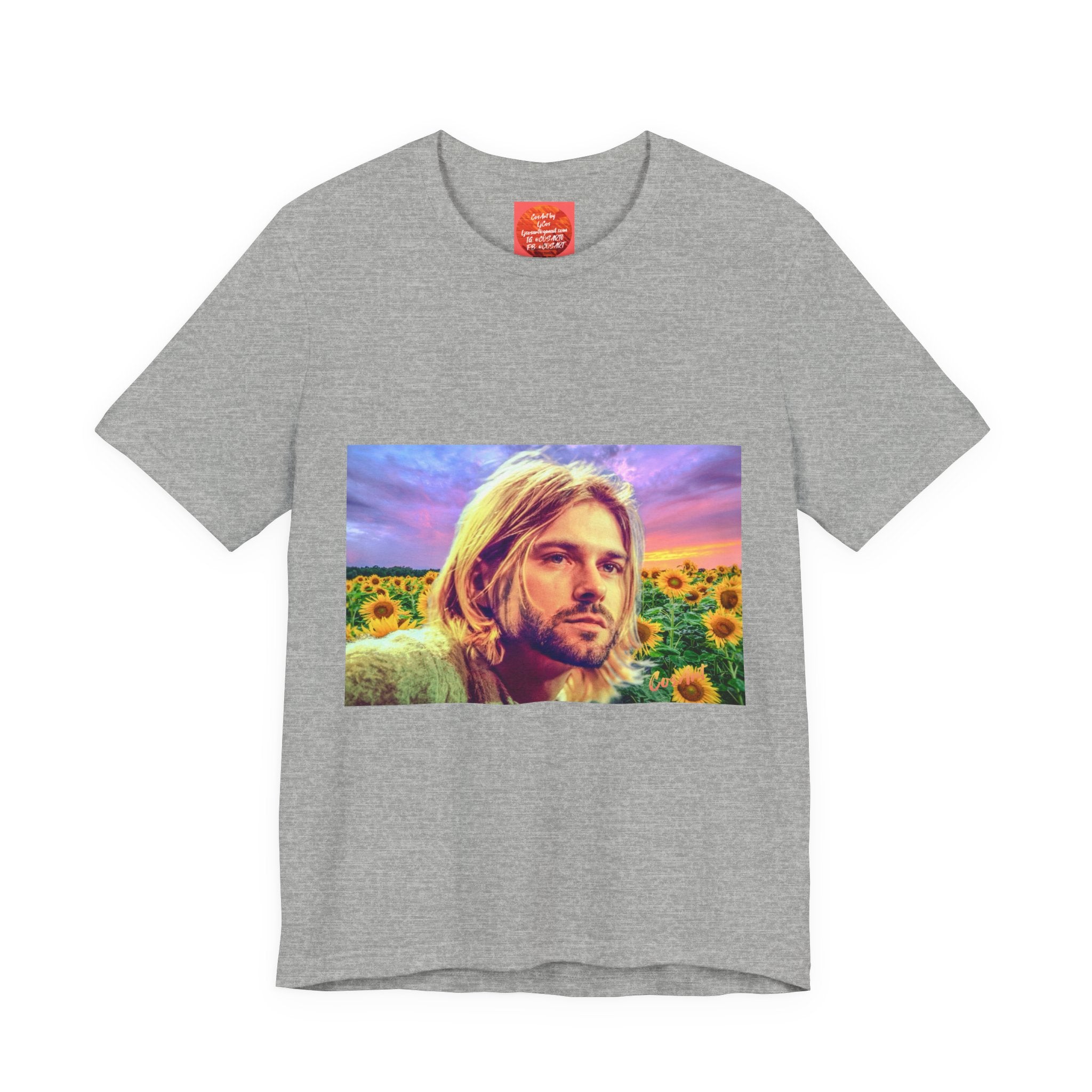 Cobain Retro Sunset Portrait Tee — Sunflower Field Graphic T-Shirt