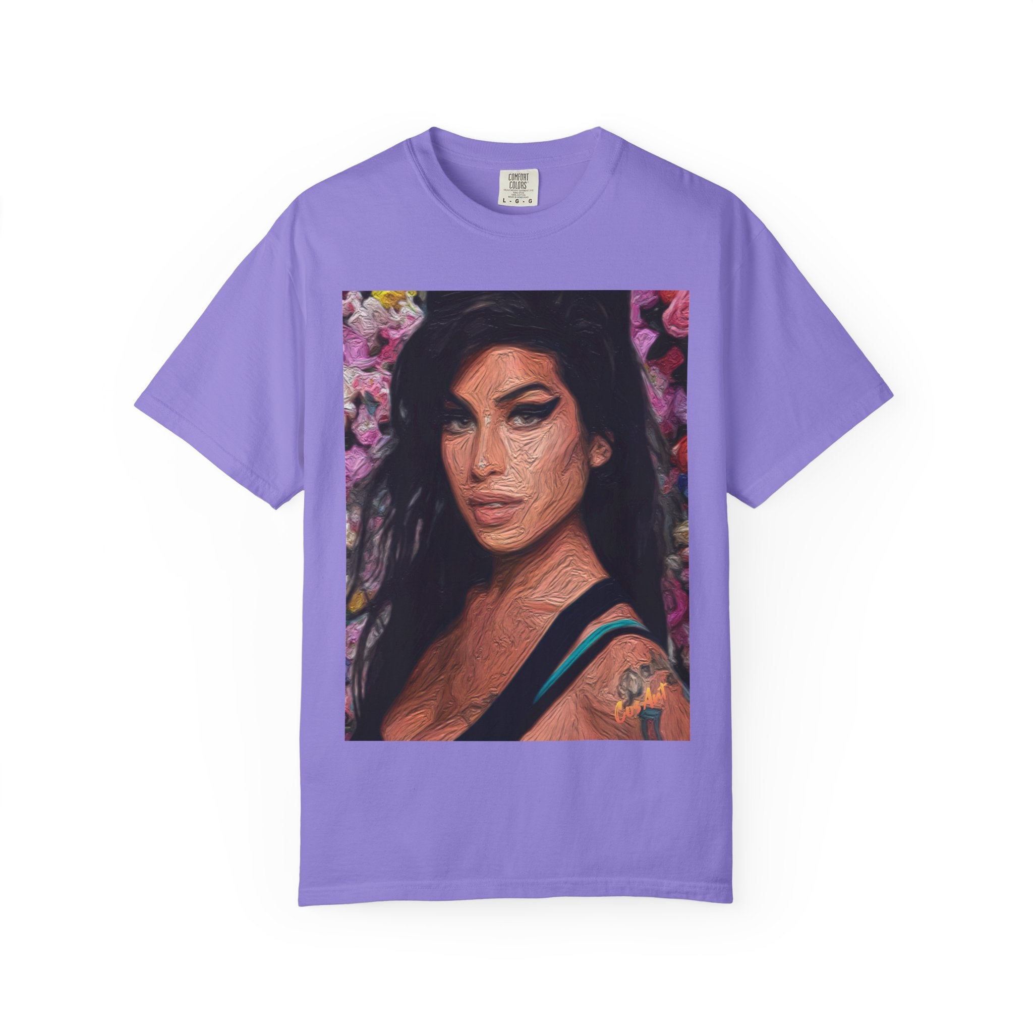 Amy Jade-Winehouse Portrait Graphic T‑Shirt — Floral Portrait Print with Circular Back Logo