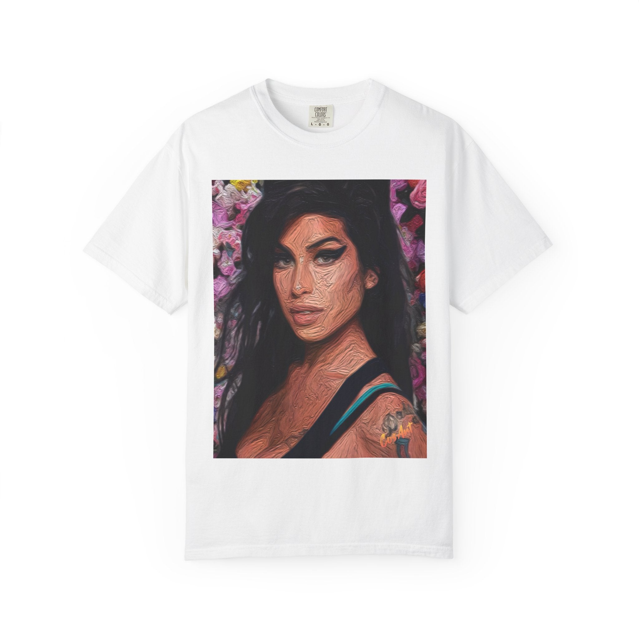 Amy Jade-Winehouse Portrait Graphic T‑Shirt — Floral Portrait Print with Circular Back Logo