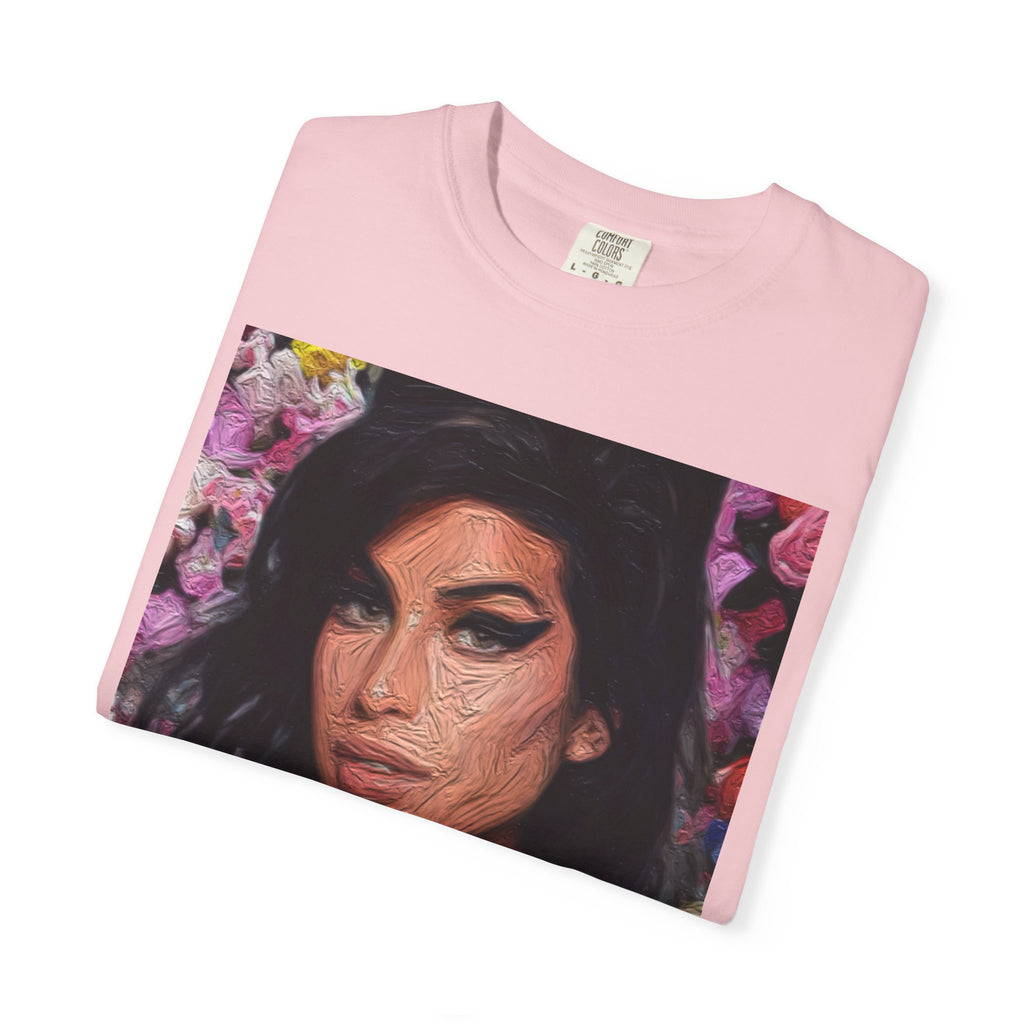Amy Jade-Winehouse Portrait Graphic T‑Shirt — Floral Portrait Print with Circular Back Logo