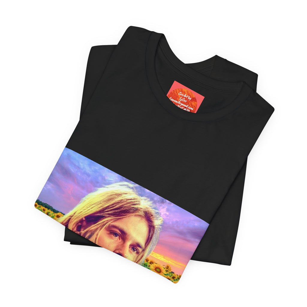 Cobain Retro Sunset Portrait Tee — Sunflower Field Graphic T-Shirt