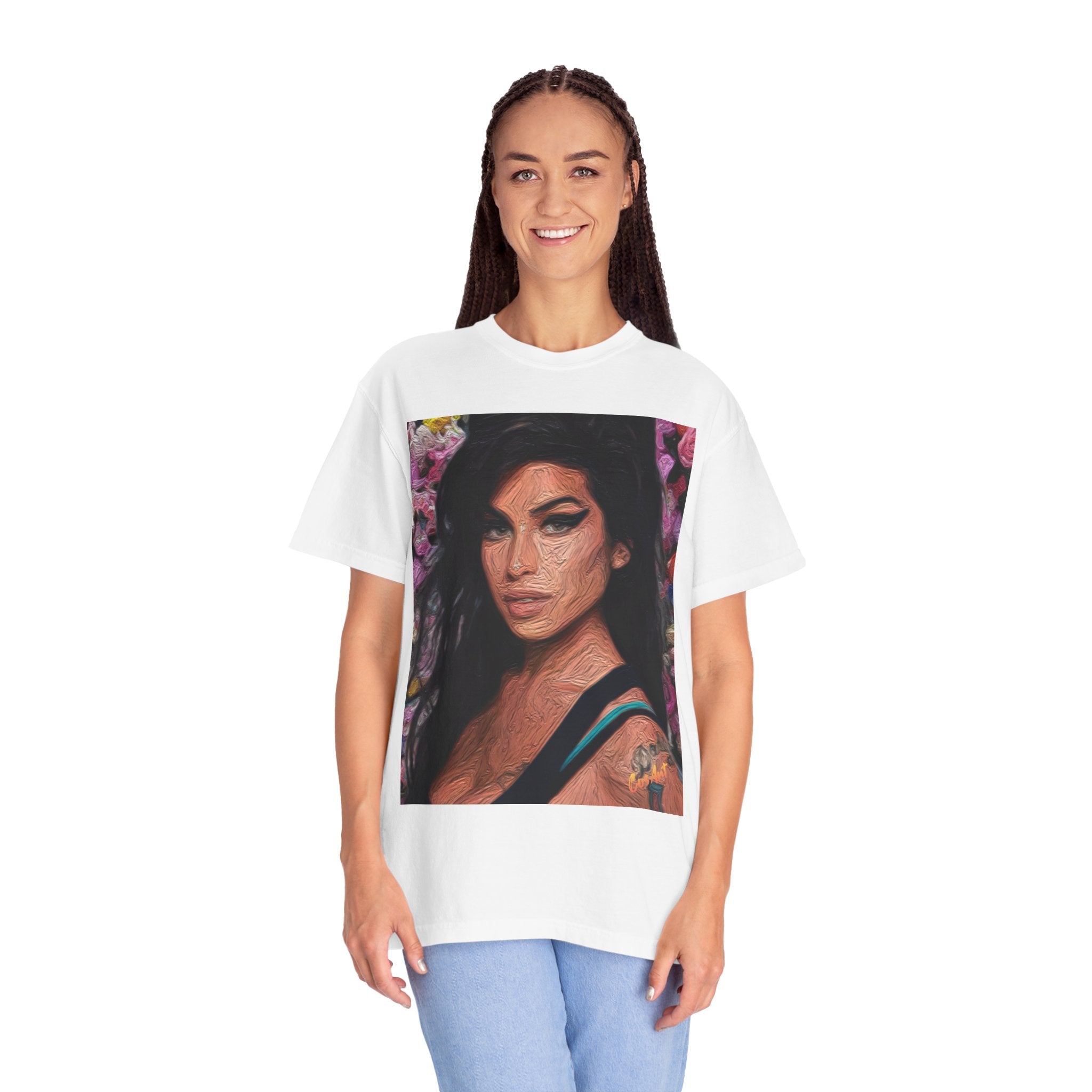 Amy Jade-Winehouse Portrait Graphic T‑Shirt — Floral Portrait Print with Circular Back Logo
