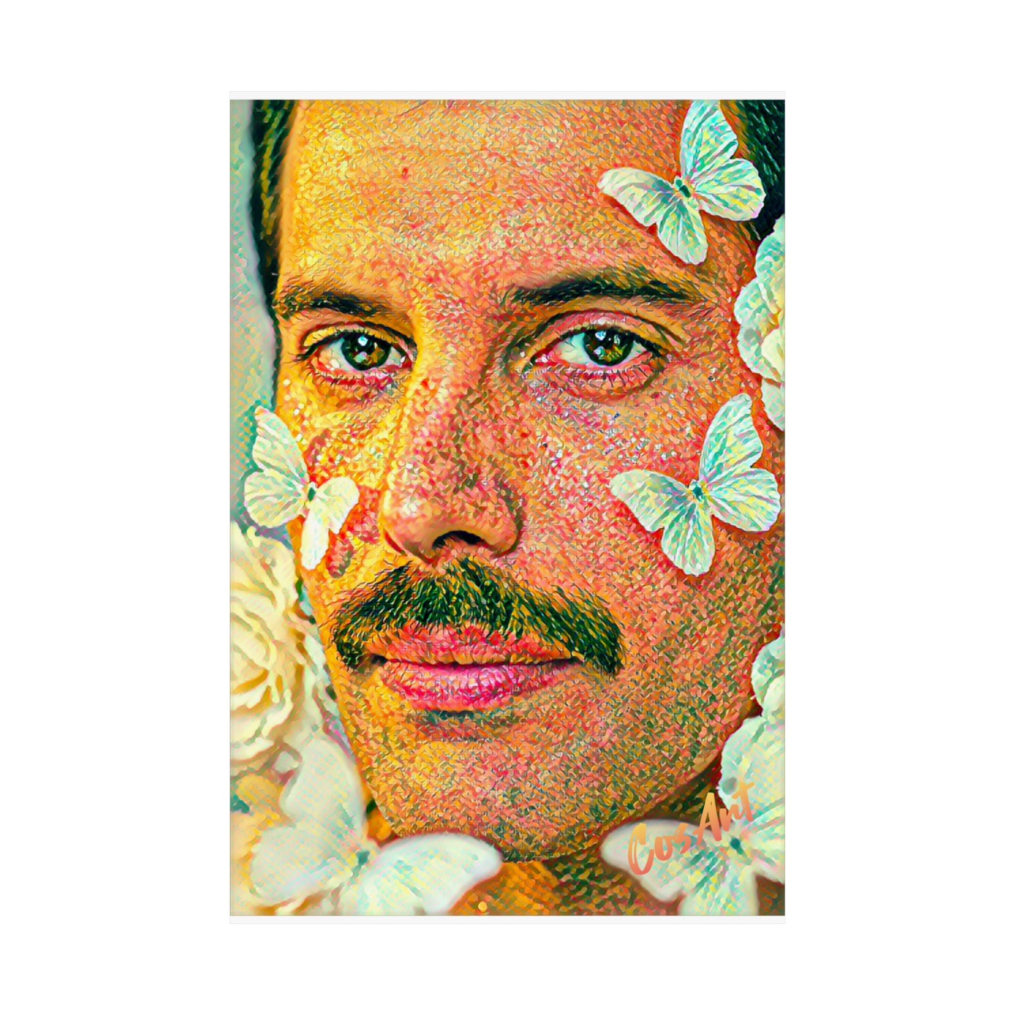 Freddie Bulsara-Mercury  Matte Vertical Poster — Dreamy Floral Portrait with Butterflies