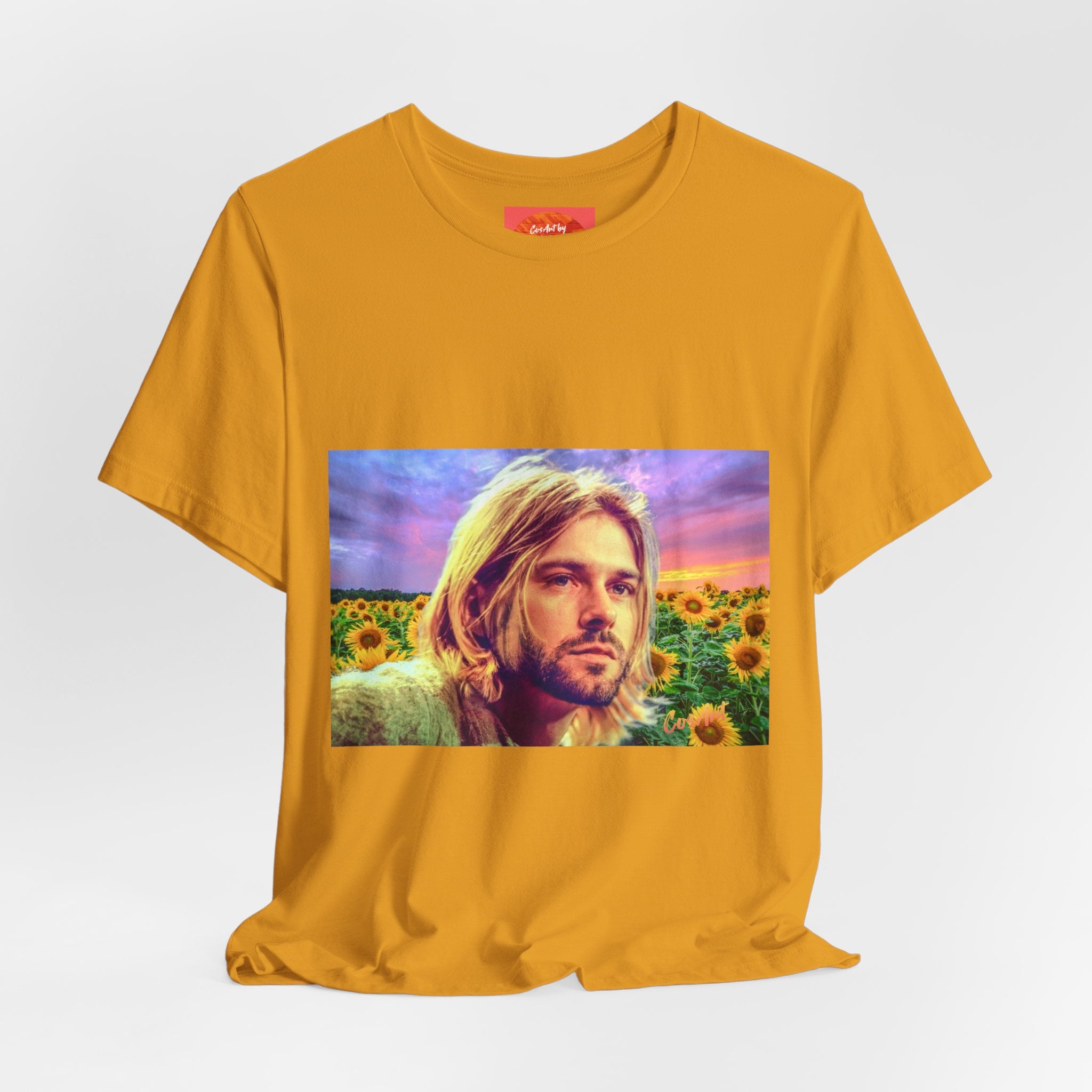 Cobain Retro Sunset Portrait Tee — Sunflower Field Graphic T-Shirt