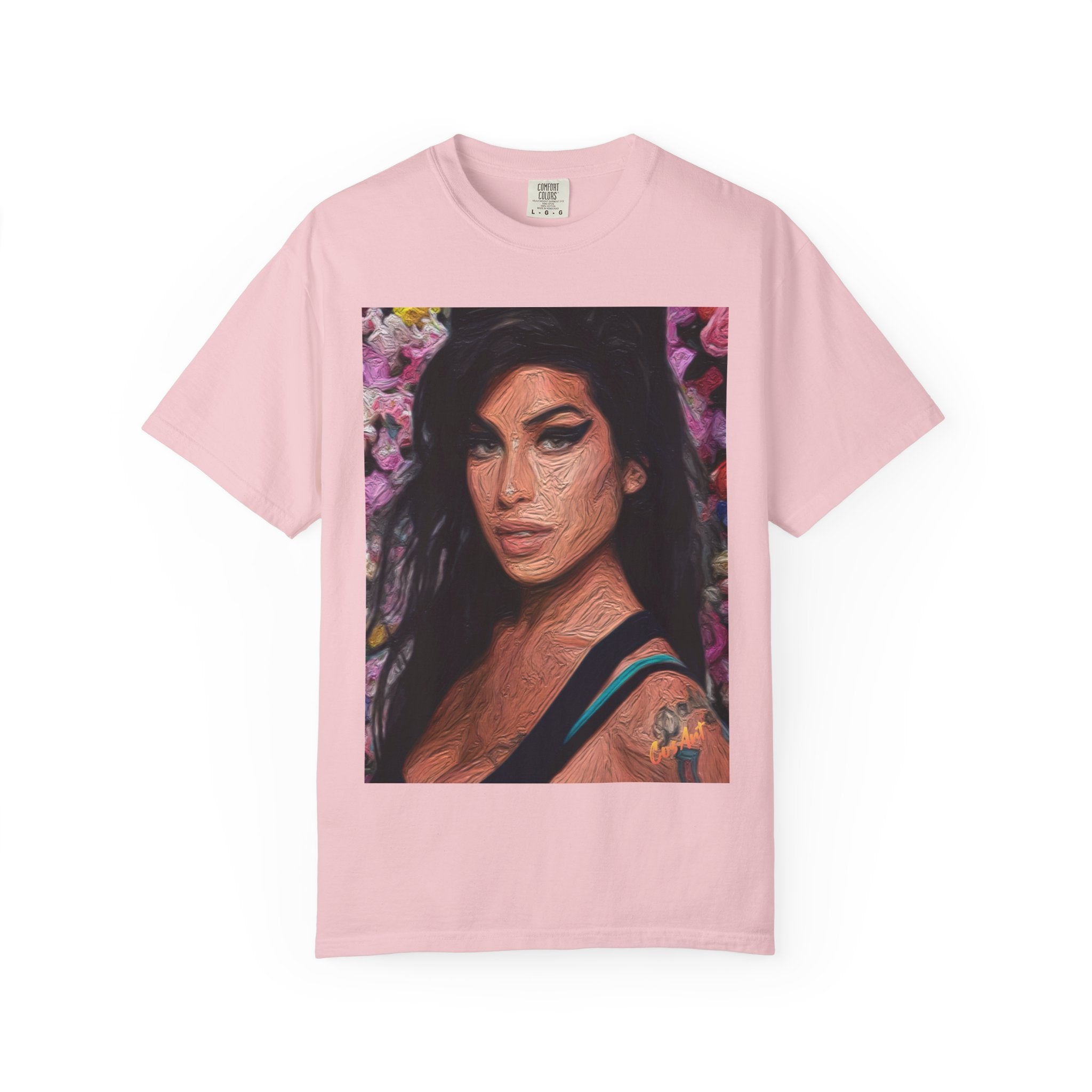 Amy Jade-Winehouse Portrait Graphic T‑Shirt — Floral Portrait Print with Circular Back Logo
