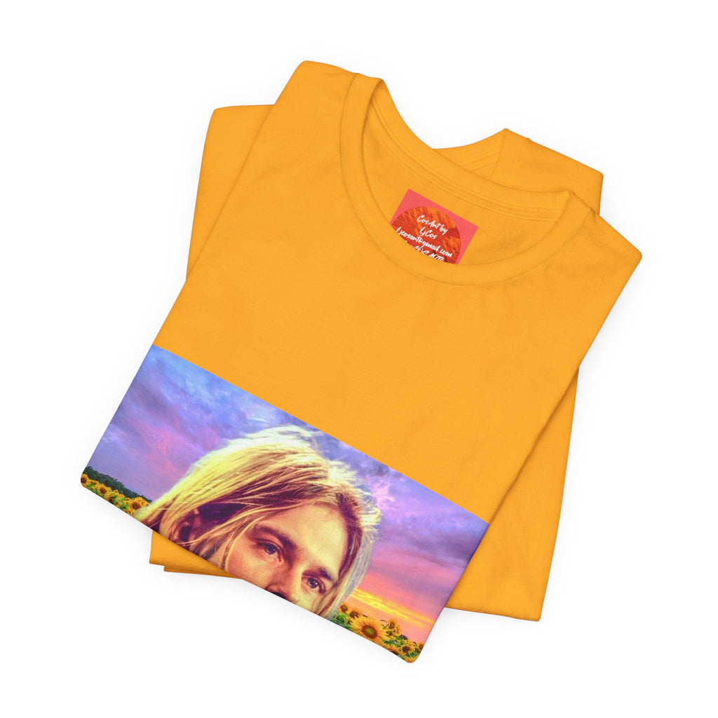 Cobain Retro Sunset Portrait Tee — Sunflower Field Graphic T-Shirt