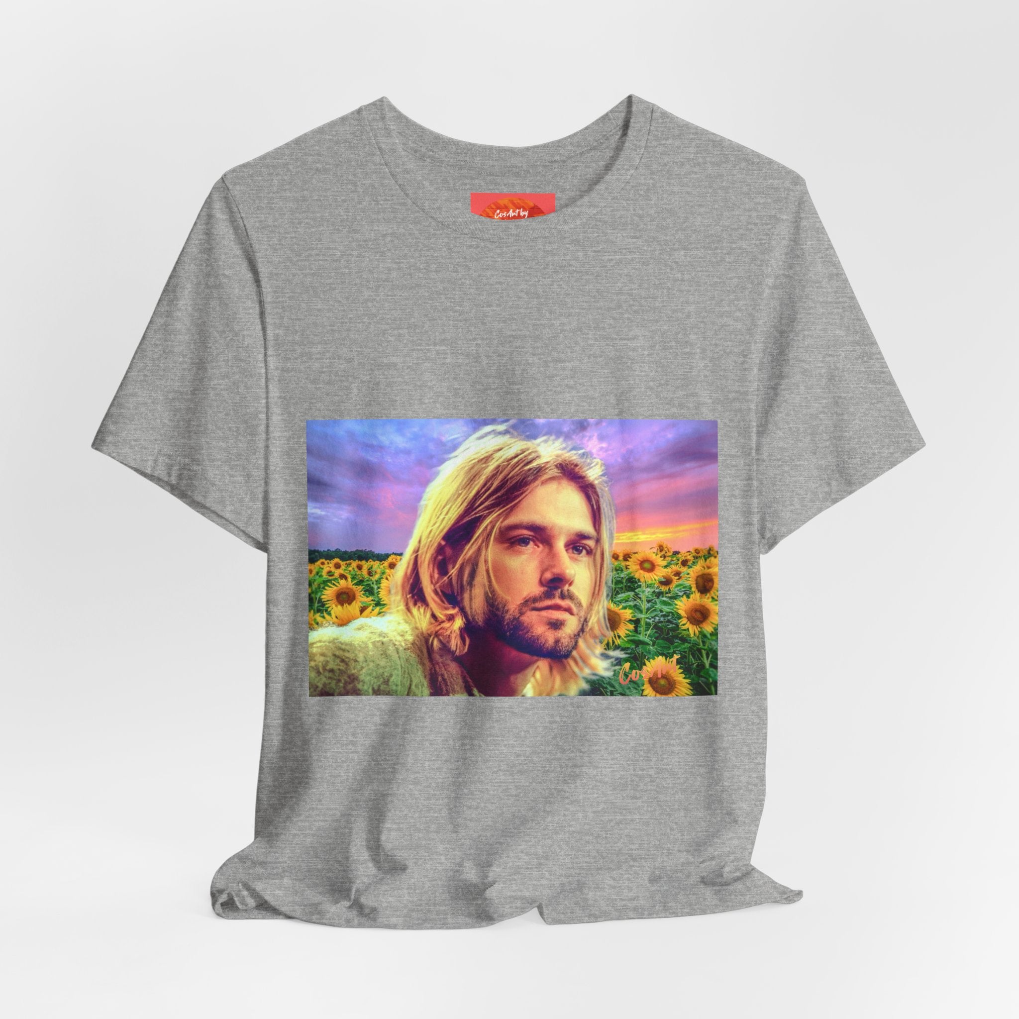 Cobain Retro Sunset Portrait Tee — Sunflower Field Graphic T-Shirt
