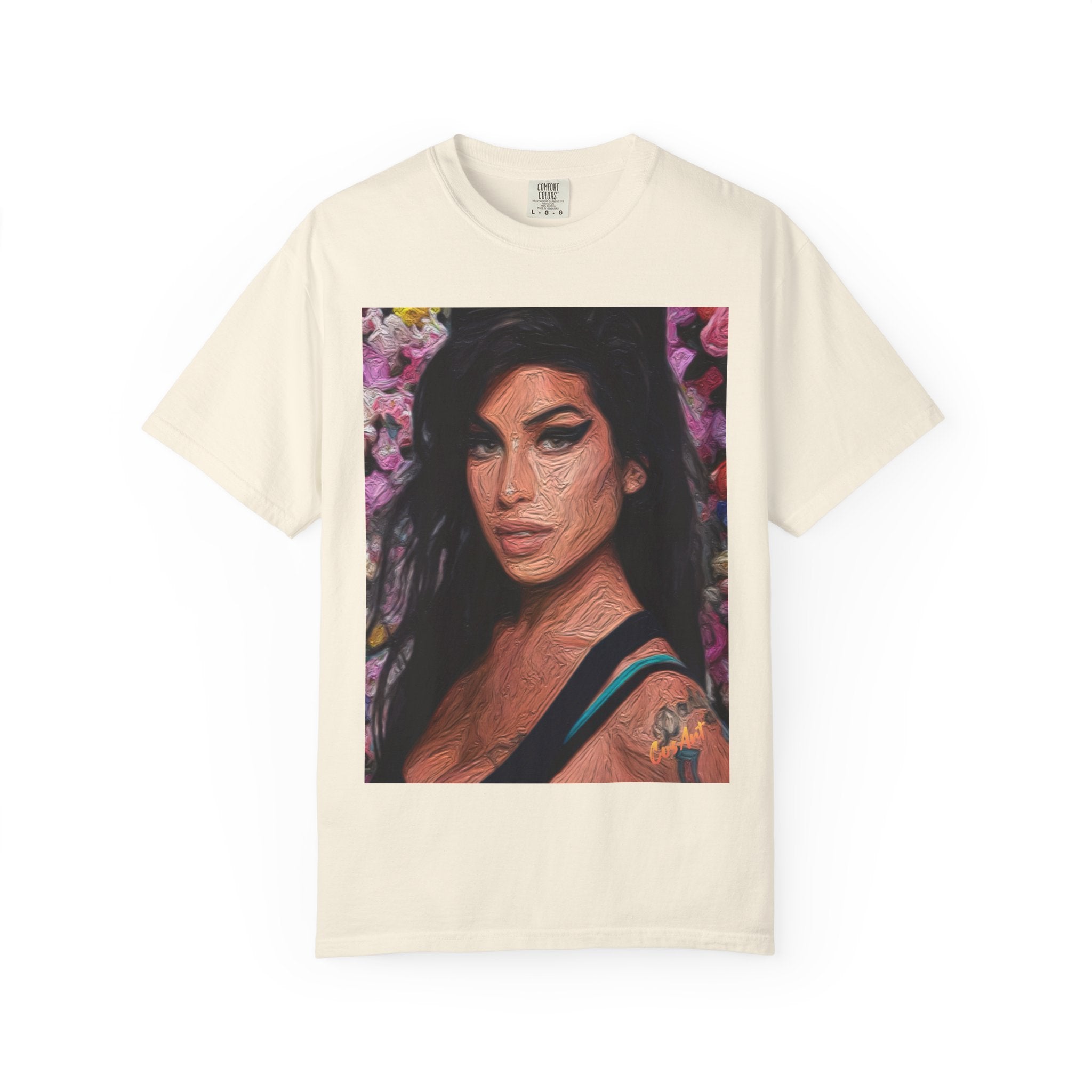 Amy Jade-Winehouse Portrait Graphic T‑Shirt — Floral Portrait Print with Circular Back Logo
