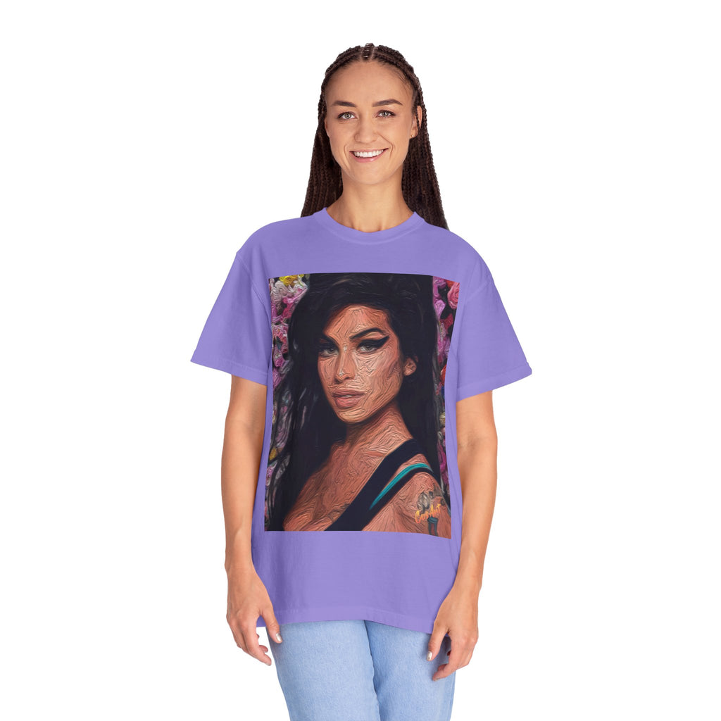 Amy Jade-Winehouse Portrait Graphic T‑Shirt — Floral Portrait Print with Circular Back Logo