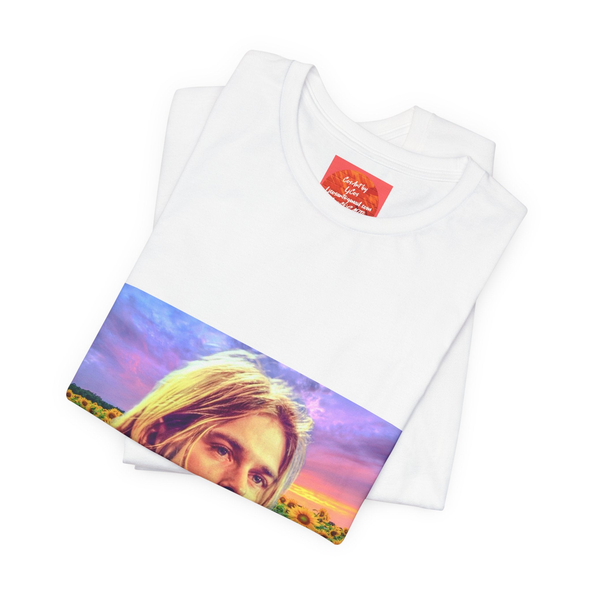 Cobain Retro Sunset Portrait Tee — Sunflower Field Graphic T-Shirt